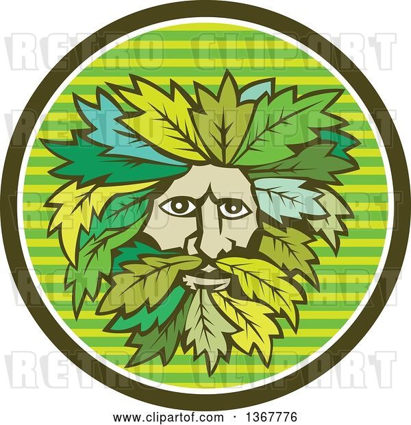 Vector Clip Art of Retro Green Guy Face with Leaf Hair in a Striped Circle