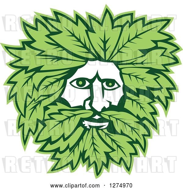 Vector Clip Art of Retro Green Guy Face with Leaves