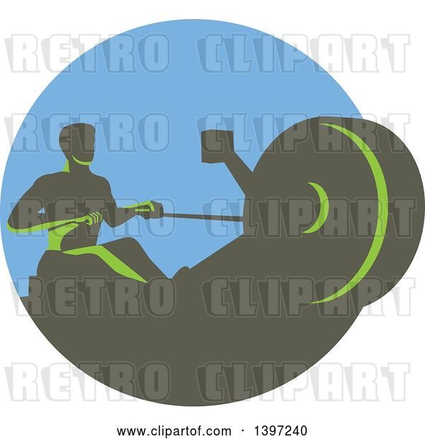 Vector Clip Art of Retro Green Guy Working out on a Rowing Machine, in a Circle