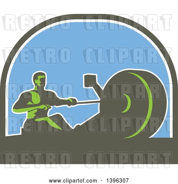 Vector Clip Art of Retro Green Guy Working out on a Rowing Machine, in a Half Circle