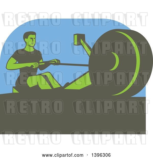 Vector Clip Art of Retro Green Guy Working out on a Rowing Machine, over Blue