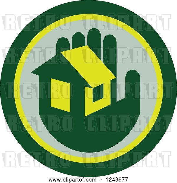 Vector Clip Art of Retro Green Hand Holding a House in a Circle