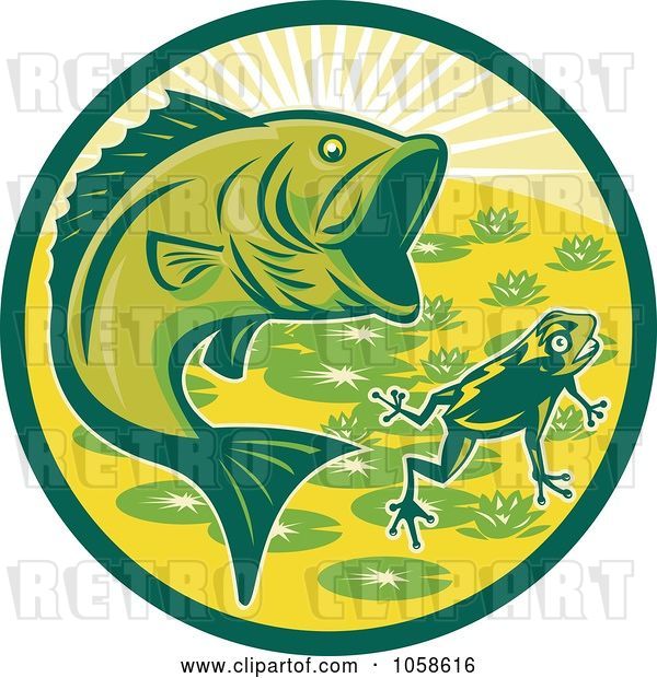 Vector Clip Art of Retro Green Largemouth Bass and Frog Circle