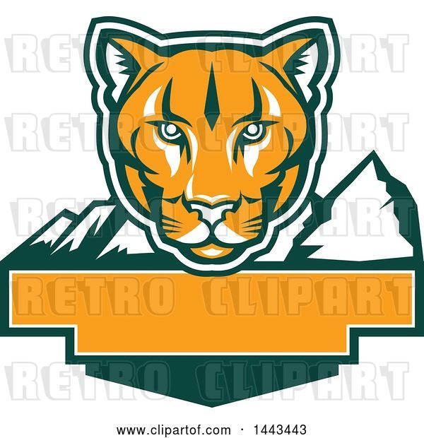 Vector Clip Art of Retro Green, Orange and White Puma Cougar Mountain Lion Face over Mountains and a Blank Banner