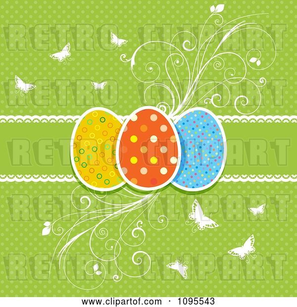 Vector Clip Art of Retro Green Polka Dot Easter Egg Background with Flourishes and Butterflies