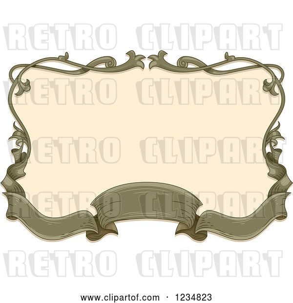 Vector Clip Art of Retro Green Ribbon Banner and Floral Frame Around Beige