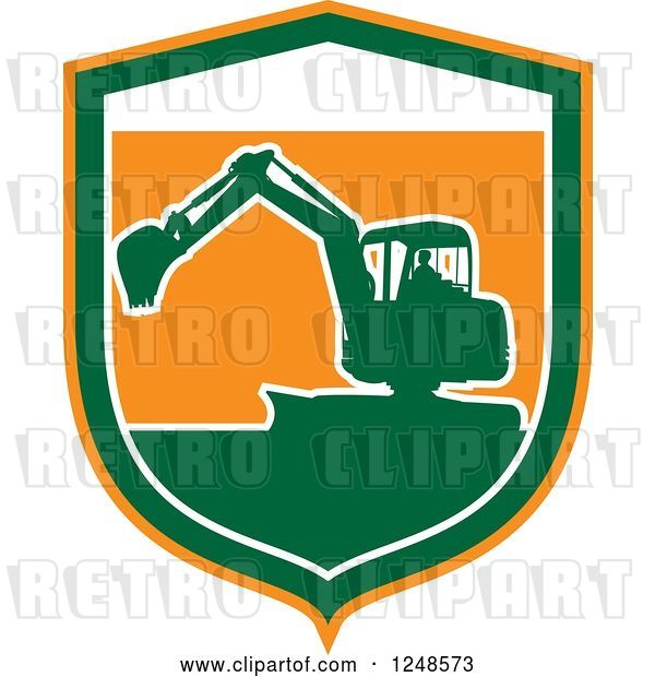 Vector Clip Art of Retro Green Silhouetted Excavator Machine in a Shield