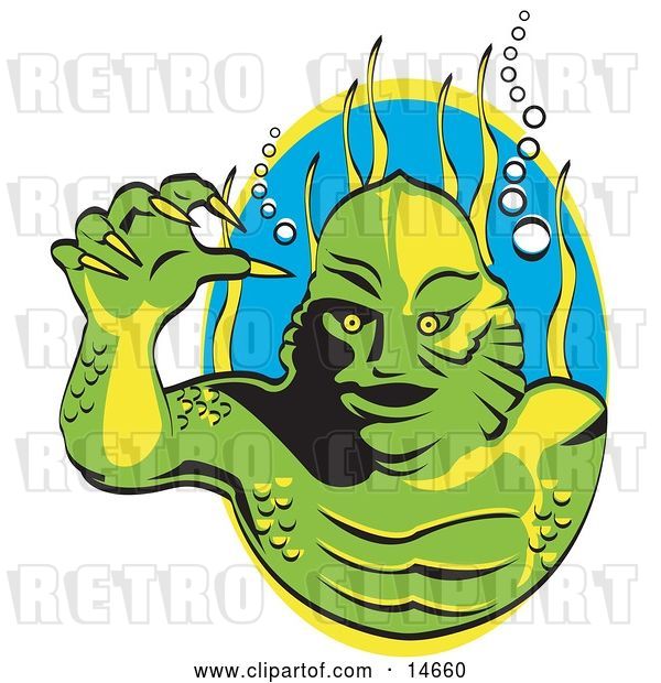 Vector Clip Art of Retro Green Swamp Monster with Yellow Talons and Scaly Skin, Breathing Underwater with Bubbles and Aquatic Plants Clipart Illustration
