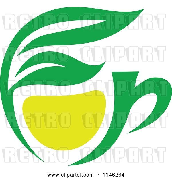 Vector Clip Art of Retro Green Tea Cup with Lemon and Leaves 1