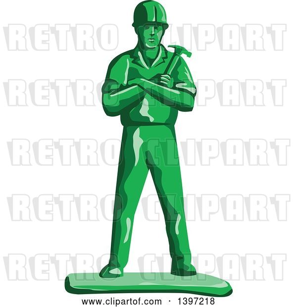 Vector Clip Art of Retro Green Toy Male Carpenter or Builder with Folded Arms, Holding a Hammer