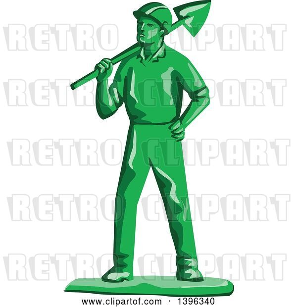 Vector Clip Art of Retro Green Toy Miner Worker Holding a Shovel