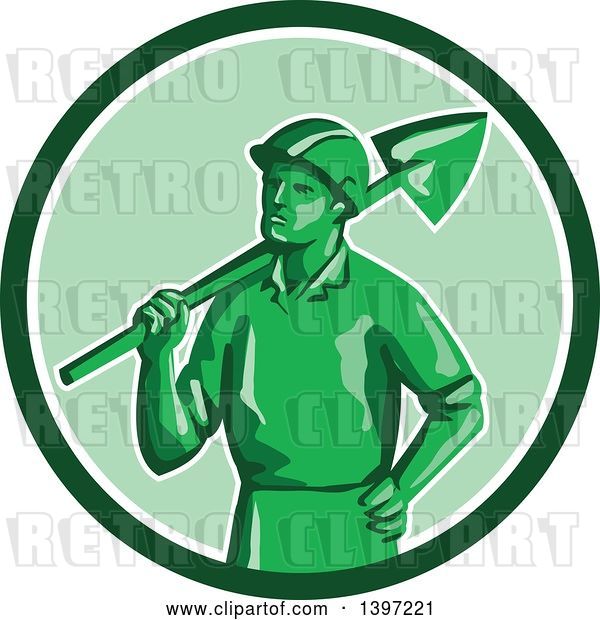 Vector Clip Art of Retro Green Toy Miner Worker Holding a Shovel