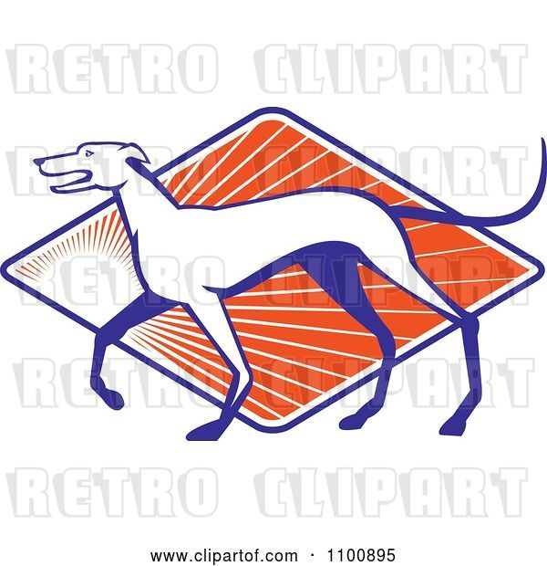 Vector Clip Art of Retro Greyhound Dog in Profile over a Diamond of Orange Rays