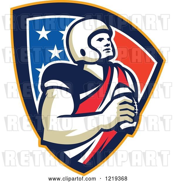 Vector Clip Art of Retro Gridiron American Football Player Holding a Ball in an American Shield