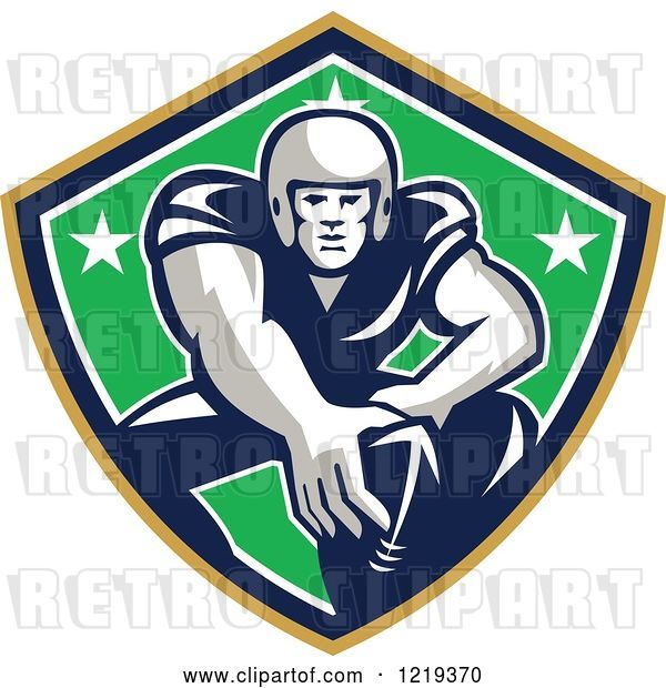 Vector Clip Art of Retro Gridiron American Football Player with His Hand on a Ball in a Star Shield