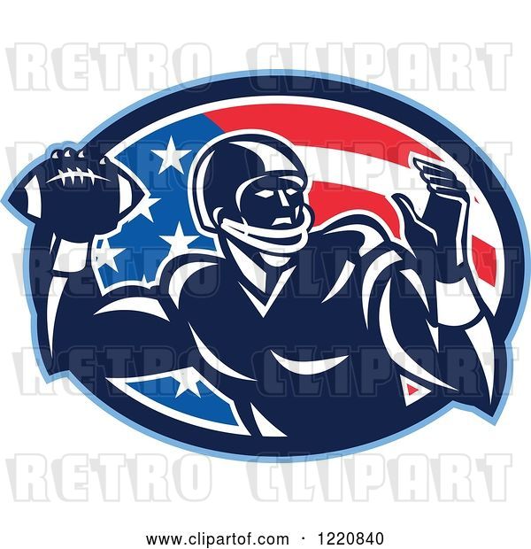 Vector Clip Art of Retro Gridiron American Football Quarterback Player Throwing over a Flag Oval