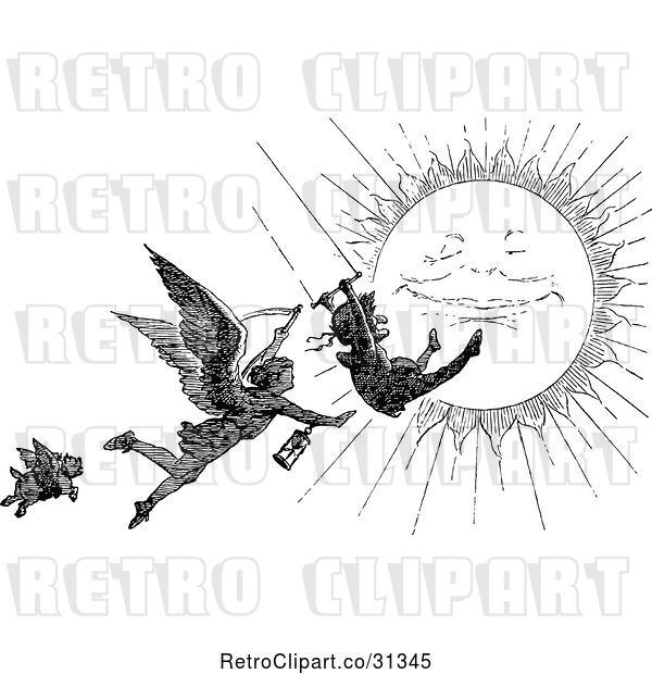 Vector Clip Art of Retro Grim Reaper Chasing a Swinging Guy over the Sun