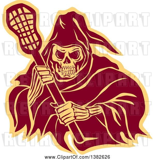 Vector Clip Art of Retro Grim Reaper Holding a Lacrosse Stick, in Brown and Yellow