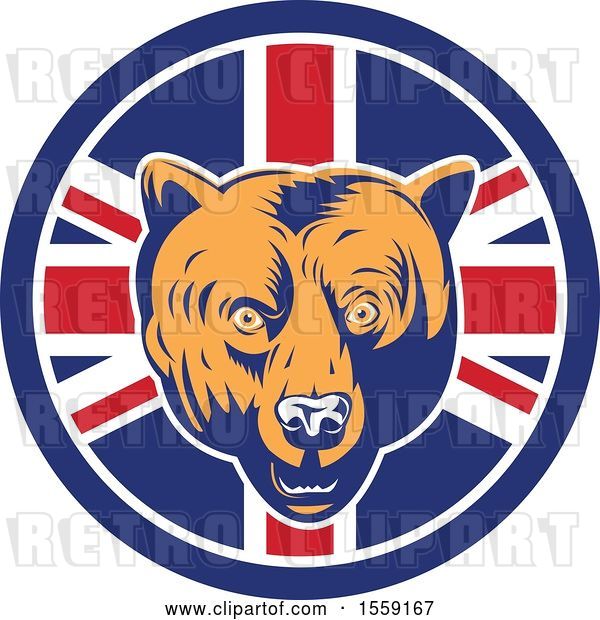 Vector Clip Art of Retro Grizzly Bear Head in a Union Jack Flag Circle