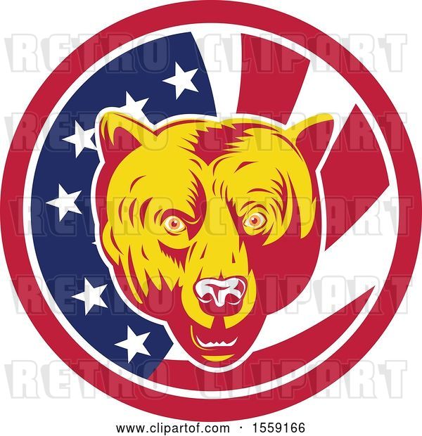 Vector Clip Art of Retro Grizzly Bear Head in an American Flag Circle