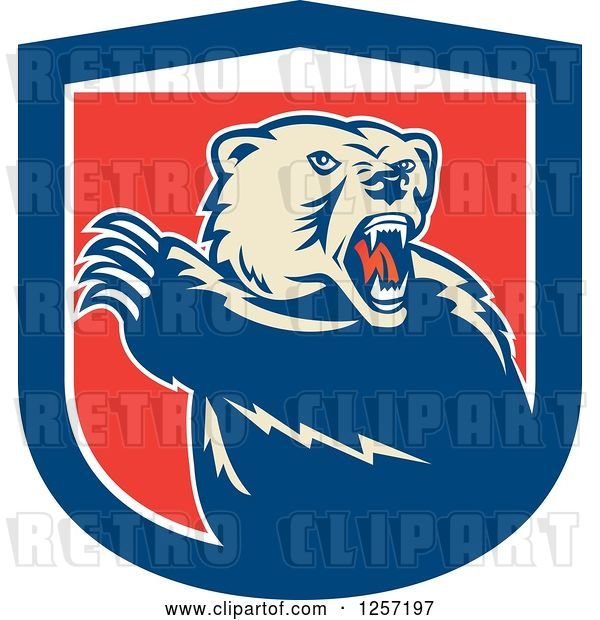 Vector Clip Art of Retro Grizzly Bear Roaring and Slashing with His Paw in a Red White and Blue Shield