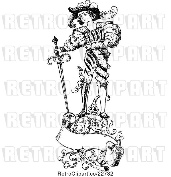 Vector Clip Art of Retro Groom and Sword with Floral Designs and a Banner