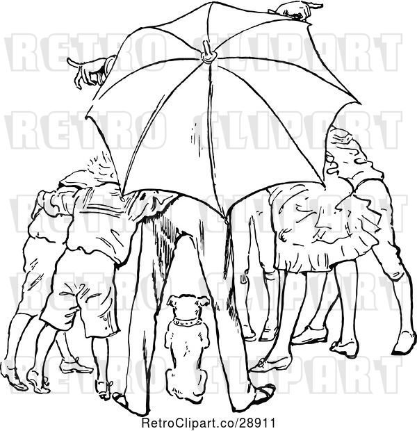 Vector Clip Art of Retro Group and Dog Under an Umbrella