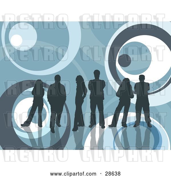 Vector Clip Art of Retro Group of Blue Silhouetted People Standing with Reflections over a Blue Background with Circle Patterns