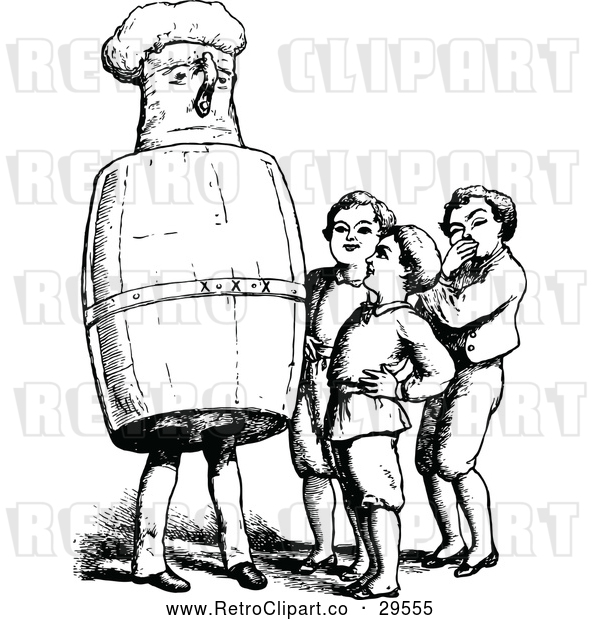 Vector Clip Art of Retro Group of Boys and a Barrel Man