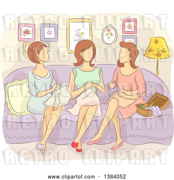 Vector Clip Art of Retro Group of Faceless White Lady Sewing Together