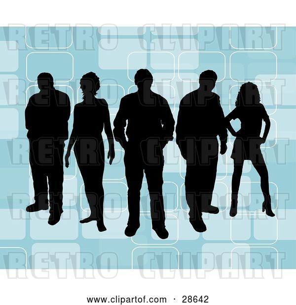 Vector Clip Art of Retro Group of Five Black Silhouetted People Standing over a Blue Background with Rectangle Designs