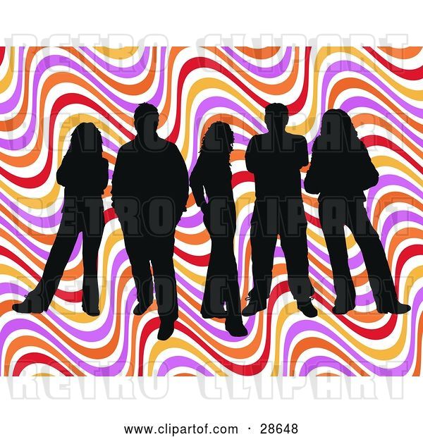 Vector Clip Art of Retro Group of Five Black Silhouetted People Standing over a Colorful Wavy Background