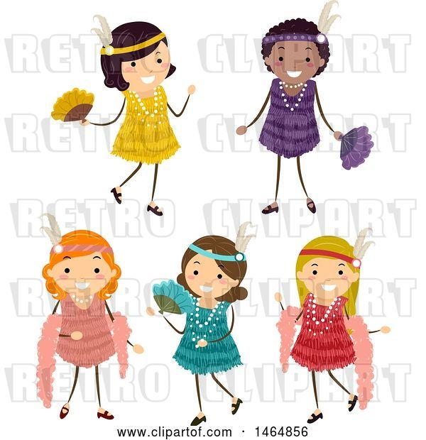 Vector Clip Art of Retro Group of Girls in Flapper Dresses