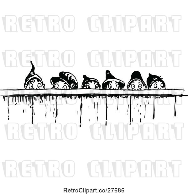 Vector Clip Art of Retro Group of Gnome Boys Looking over a Fence