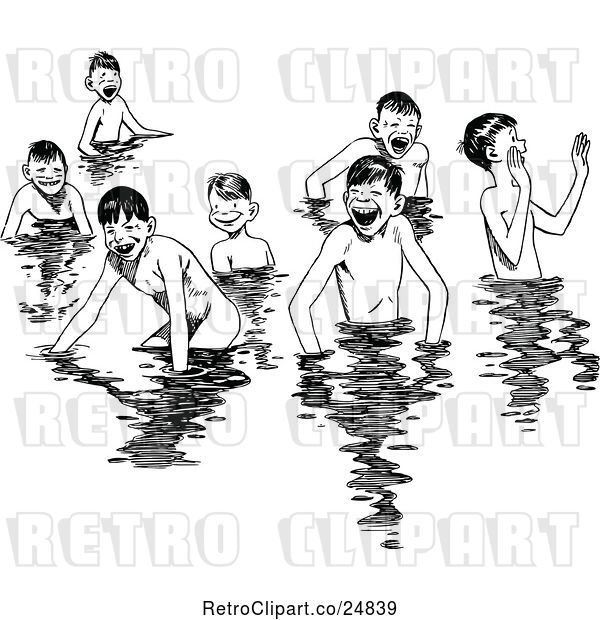 Vector Clip Art of Retro Group of Happy Boys Swimming