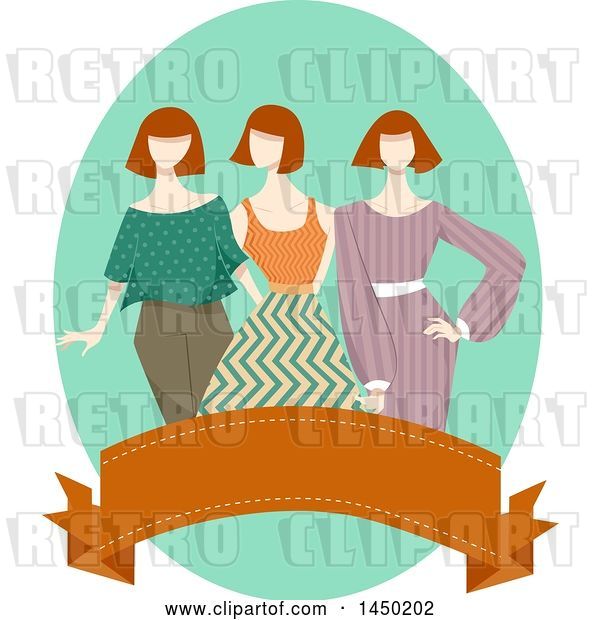 Vector Clip Art of Retro Group of Mannequins in Apparel over a Banner