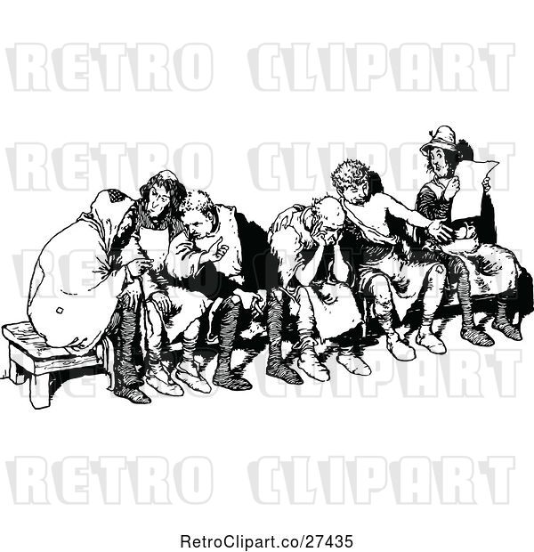 Vector Clip Art of Retro Group of Men on a Bench