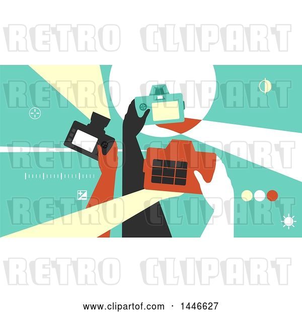 Vector Clip Art of Retro Group of Photographer Hands Taking Pictures with Cameras