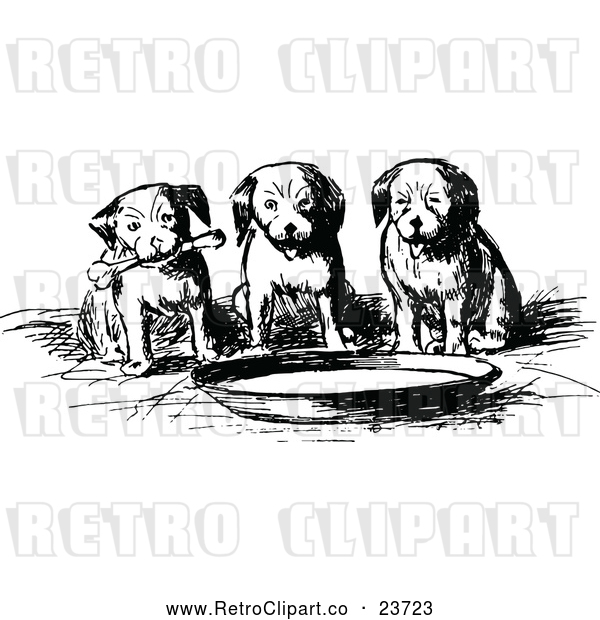 Vector Clip Art of Retro Group of Puppies Around a Bowl