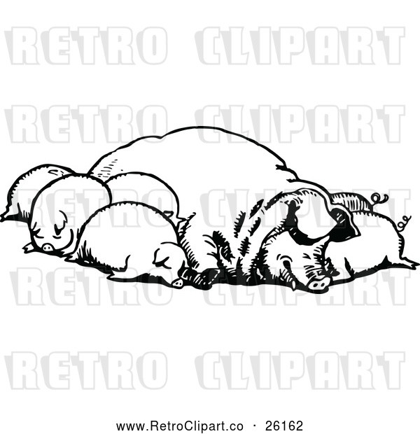 Vector Clip Art of Retro Group of Sleeping Pigs