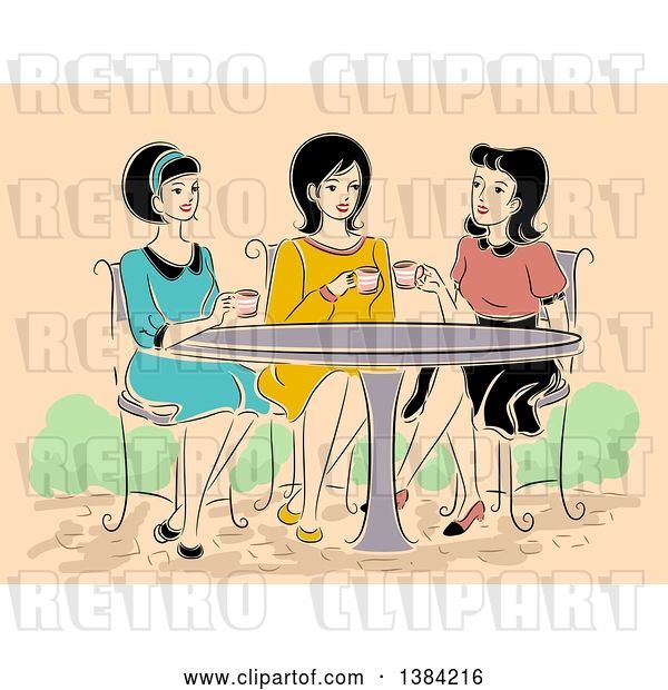 Vector Clip Art of Retro Group of Women Having Tea at a Cafe