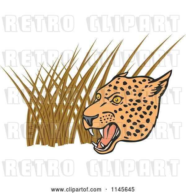 Vector Clip Art of Retro Growling Leopard Head over Grasses