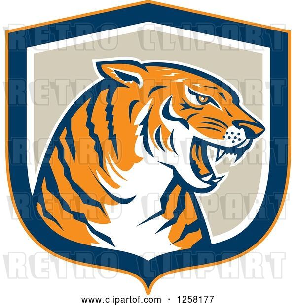 Vector Clip Art of Retro Growling Tiger Head in a Blue Orange White and Tan Shield