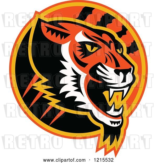 Vector Clip Art of Retro Growling Tiger Head in a Circle with Slash Marks