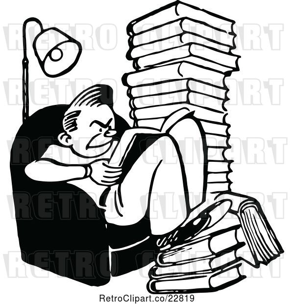 Vector Clip Art of Retro Grumpy Reading Books and Studying
