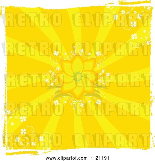 Vector Clip Art of Retro Grunge Floral Background with a Blooming Orange and Yellow Flower and Delicate White Flowers in the Corners