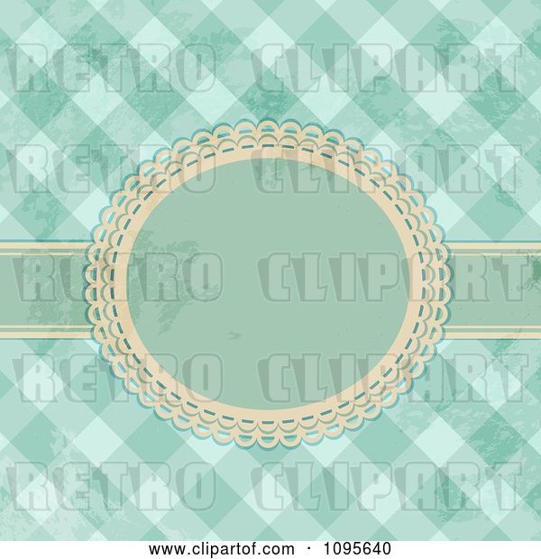 Vector Clip Art of Retro Grungy Green or Blue Gingham Background with a Ribbon and Frame