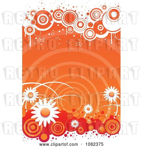 Vector Clip Art of Retro Grungy Orange Floral Background with White Daisies and Circles