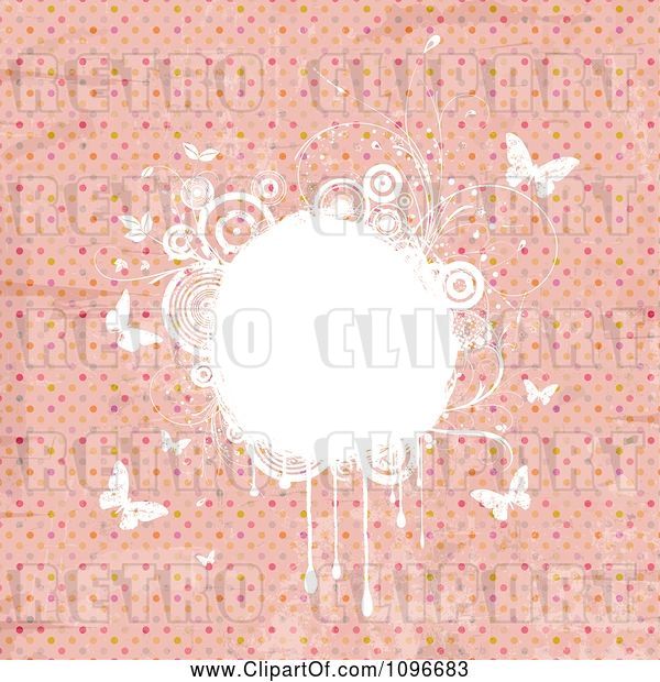 Vector Clip Art of Retro Grungy Pink Polka Dot Background with White Floral Grunge and Butterflies