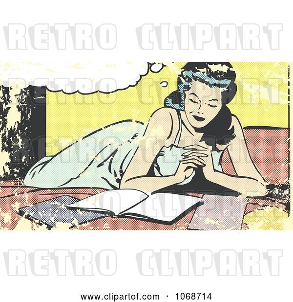 Vector Clip Art of Retro Grungy Pop Art Lady Reading on a Bed